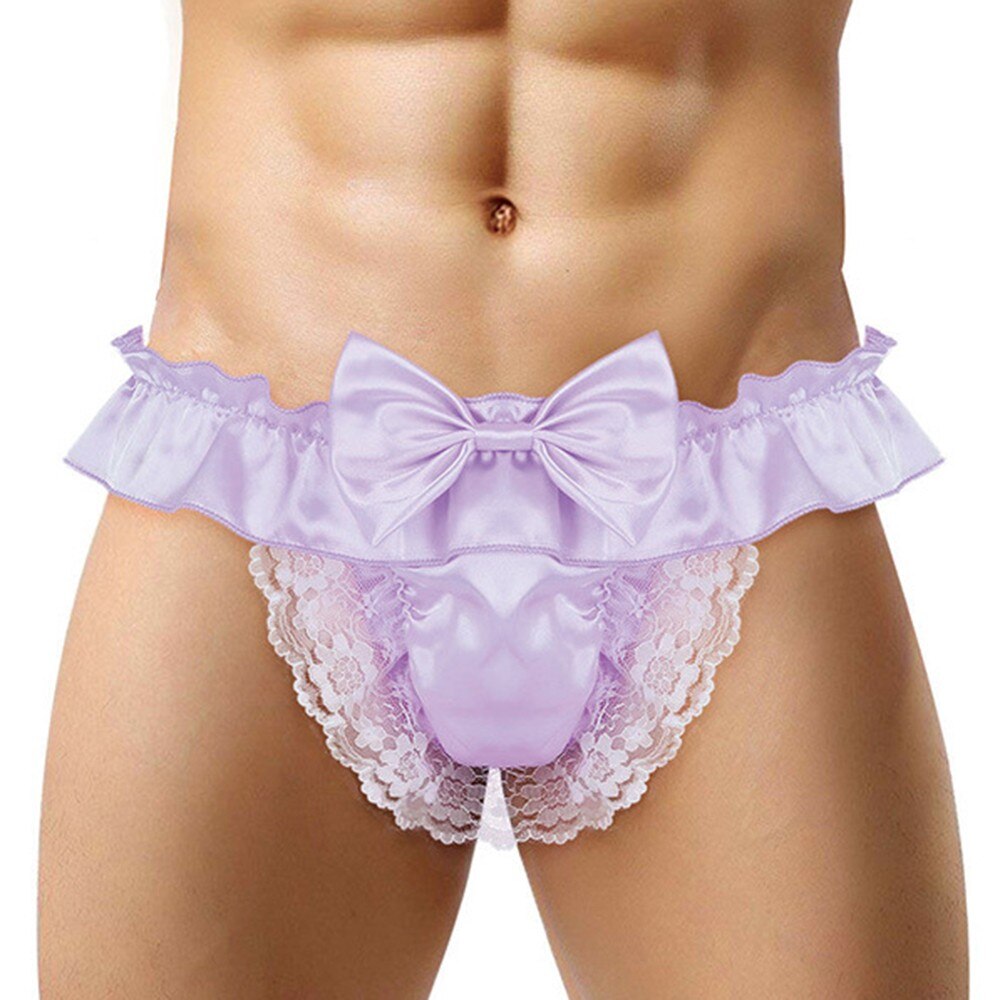 Men Sissy Briefs Backless Lace Silk Panties Satin Bikini G-String Bow Solid Thong Low Rise Sexy Gay Underwear Erotic Lingerie