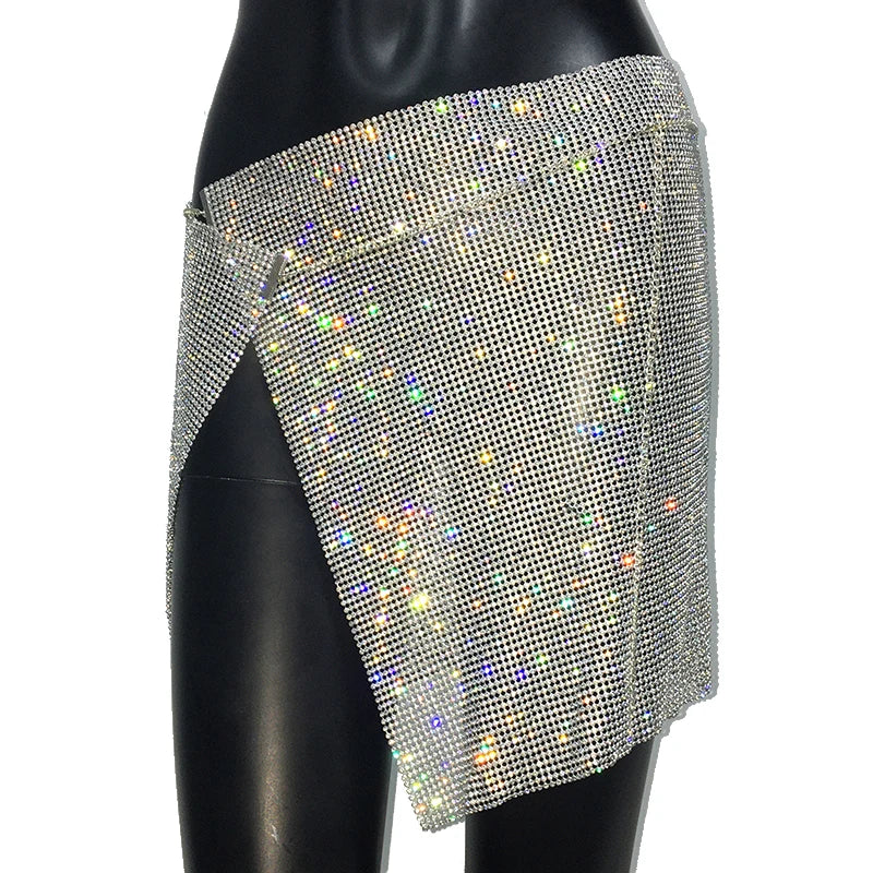NEW Arrivals 6 Colors Glitter Rhinestone Metal Chain Mini Sexy Skirt For Women Sexy Side Slit See Through Party Skirt Rave Festival Outfits