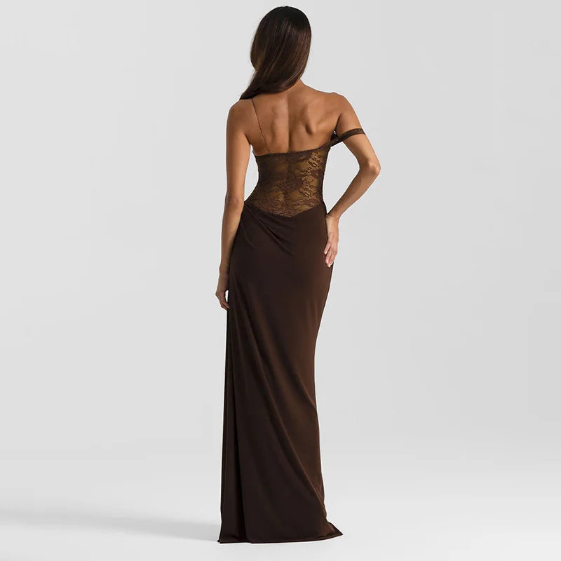 NEW Brown/Burgundy/Black Color UK Size One Shoulder Lace See Through Sexy Maxi Dress Women Gown Fashion Off-shoulder Sleeveless Backless Evening Party Club Long Dresses