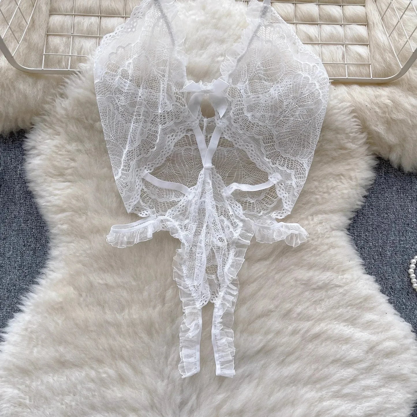 NEW Arrivals White/Black See-Through Lace Playsuit Halter Ruffle Hollow Bodysuit For Women Cloth Skinny Sexy Erotic Lingerie One Piece Backless Jumpsuit