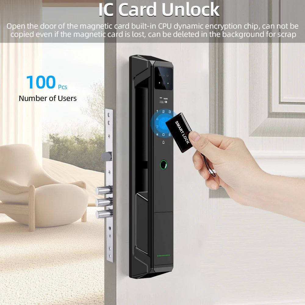 NEW Arrivals P8 TUYA App Wi-Fi Smart Lock, 21 Languages, Remote Video Call Intercom, Face-Palm IC Card Unlock, Black/Gray Anti Theft Top Quality Security System Home Apartments Office Security Supplies