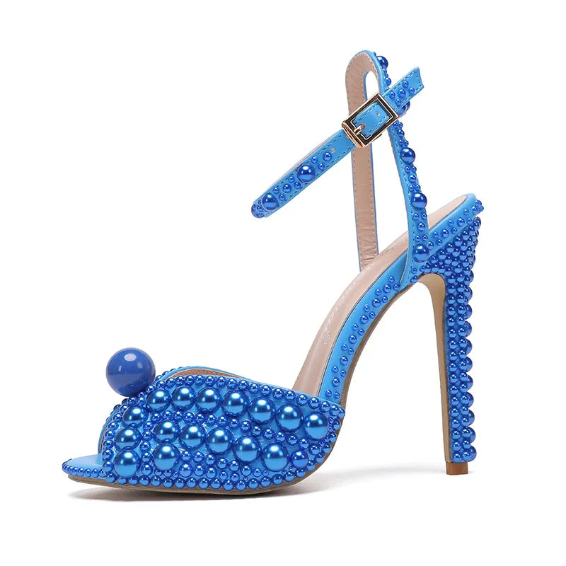Women Sandals Fashion High Quality Wedding Shoes Women New Pearls Studs Luxury Peep Toe High Heels Buckle Woman Sandal
