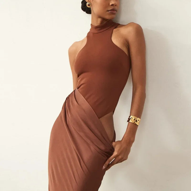 NEW Arrivals Women Fashionable Hollow Out Sleeveless Round Neck Long Dress Women's Empire Waist Gown Elegant Patchwork Maxi Dress Trendy Style