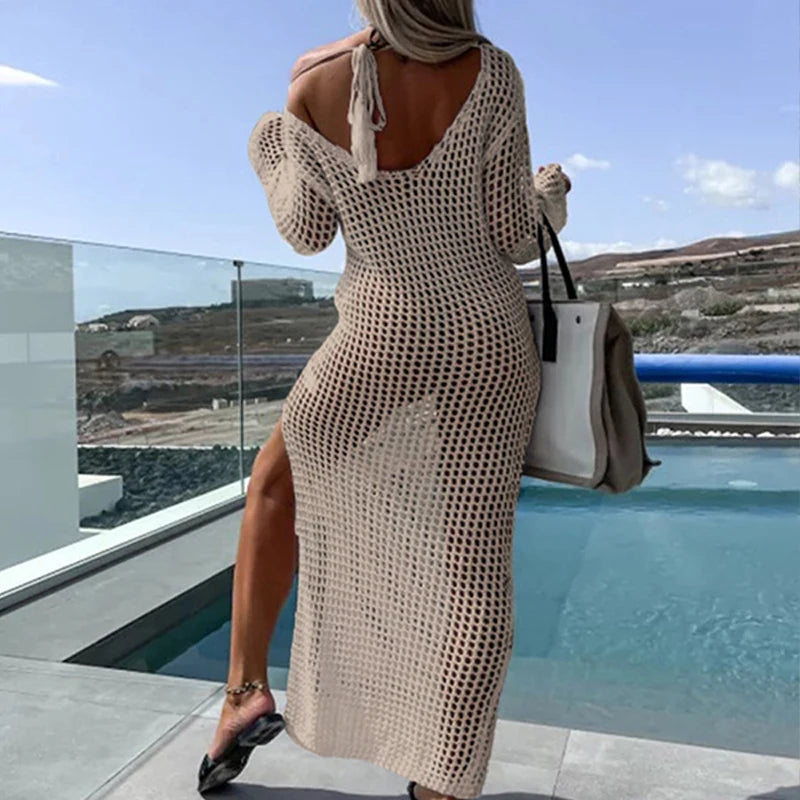 NEW Arrivals 5 Colors Sexy Casual Women's Beach Holiday Style Fishing Net Hollow Crew Neck Long-sleeved Bikini Swimsuit Fishnet Cover Up Split Maxi Dress