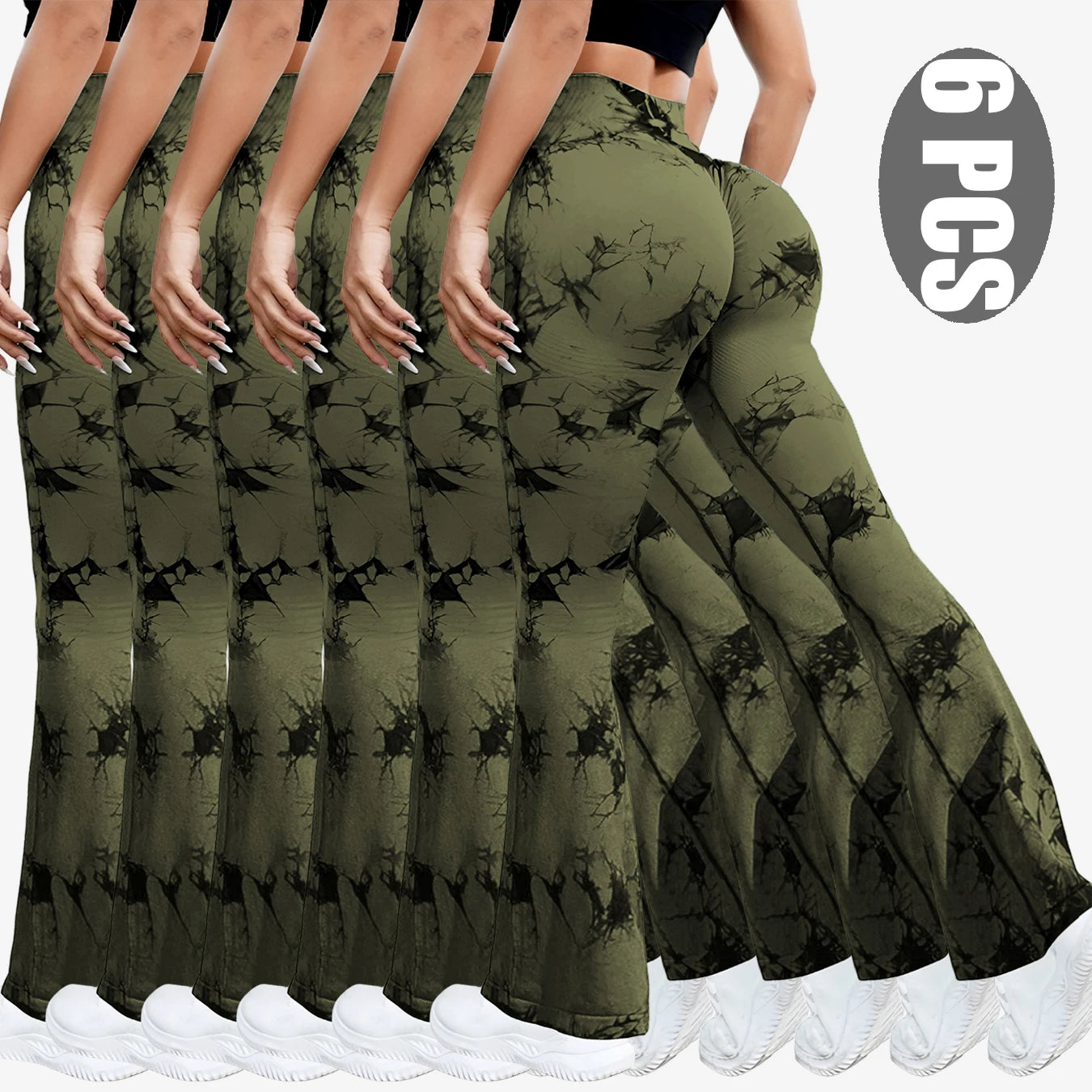 NEW Arrivals 6PCS Set Tie Dye Seamless Yoga Pants Flared Trousers High Waist Butt Lifting Sportswear Women Gym Training Fitness Sports Pants