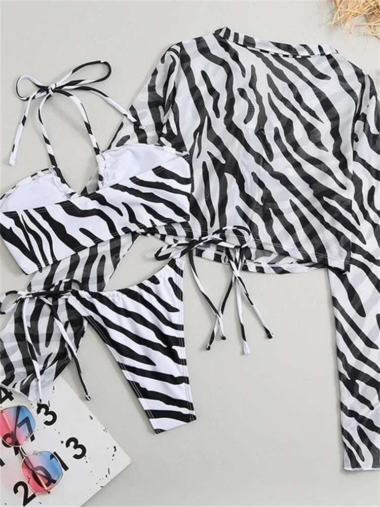 Sexy Black Zebra Print Bikinis Sets Women Long Sleeve Cover Up 3 Piece Swimsuit 2024 Lace Up Bathing Suit Thong Micro Swimwear