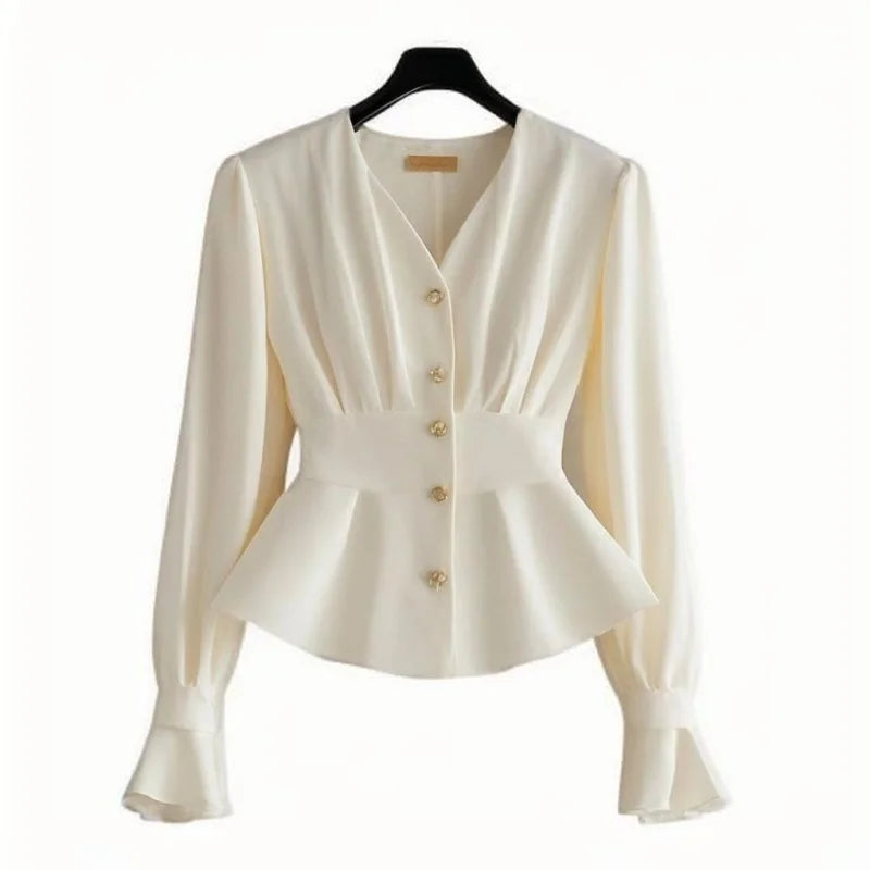 NEW Arrivals S-XL UK Size Luxury French Elegant White Chiffon Blouse Women Pleated Spliced Slim Shirt Design Button Flare Sleeve Top Spring Autumn 050A