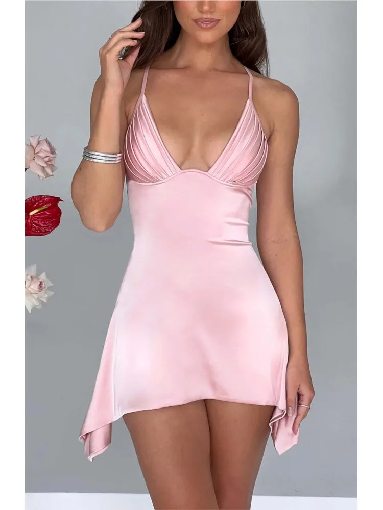 NEW Arrivals UK Size 5 Colors Sexy Satin Mini Dress Ladies Summer Evening Beach Party Night Club New V-neck Backless Solid Color Suspender Party Dresses Girls Fashion Mini Dress