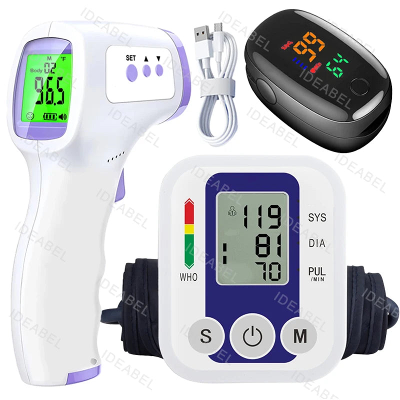 NEW 3PCS Set LCD Portable Health Care Pulse Meter BP Monitor Automatic Digital Arm Blood Pressure Monitor Tonometer Meter Sphygmomanometer Health Care Supplies