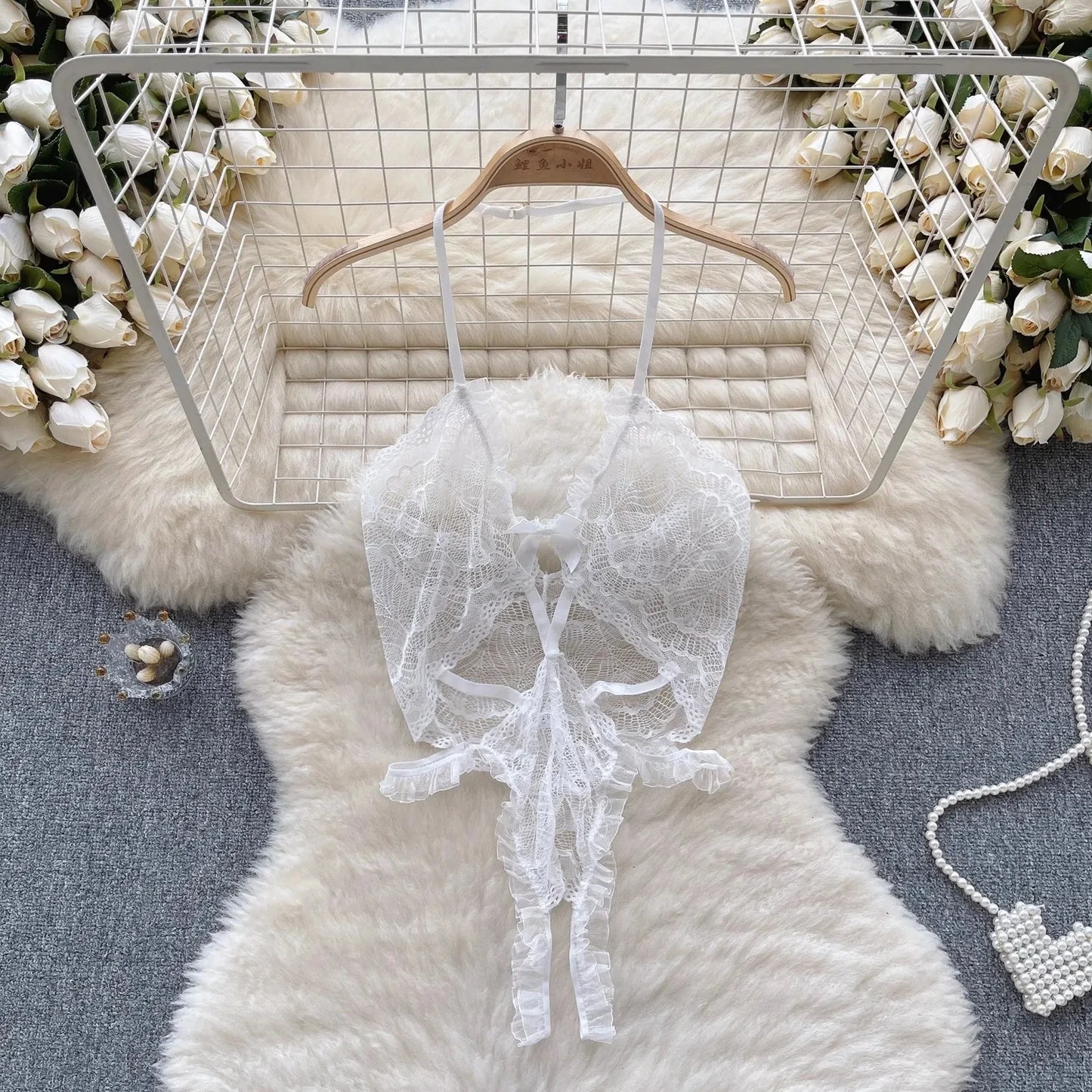 NEW Arrivals White/Black See-Through Lace Playsuit Halter Ruffle Hollow Bodysuit For Women Cloth Skinny Sexy Erotic Lingerie One Piece Backless Jumpsuit