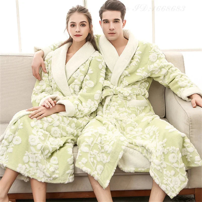 Winter Warm Coral Fleece Long Robe Couple Sleepwear Thick Flannel Jacquard Bathrobe Nightwear Loose Casual Homewear Lounge Wear