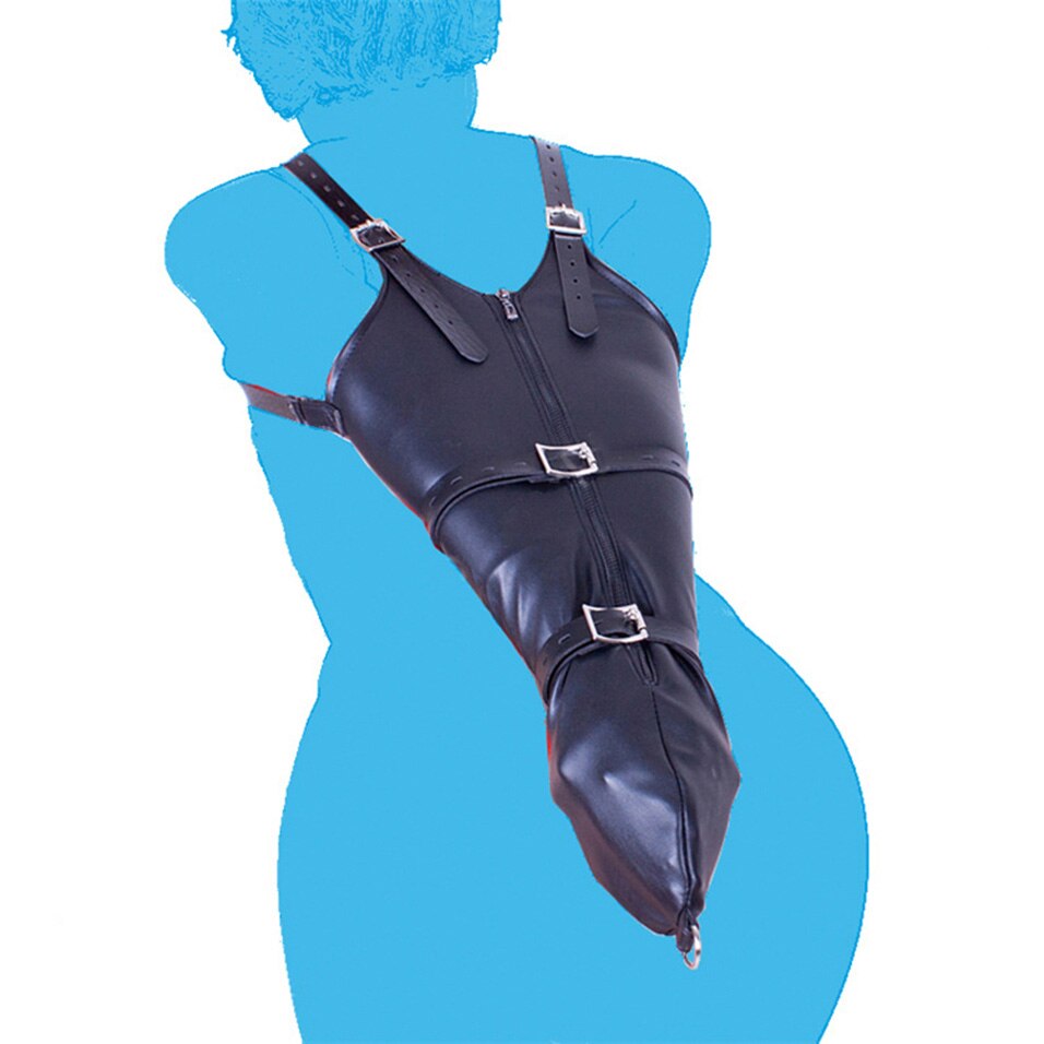 Adult Toys PU Leather Zipper Single Glove Armbinder with Over Shoulder Straps Sexy Full Sleeve One Arm Binder Bondage Restraint