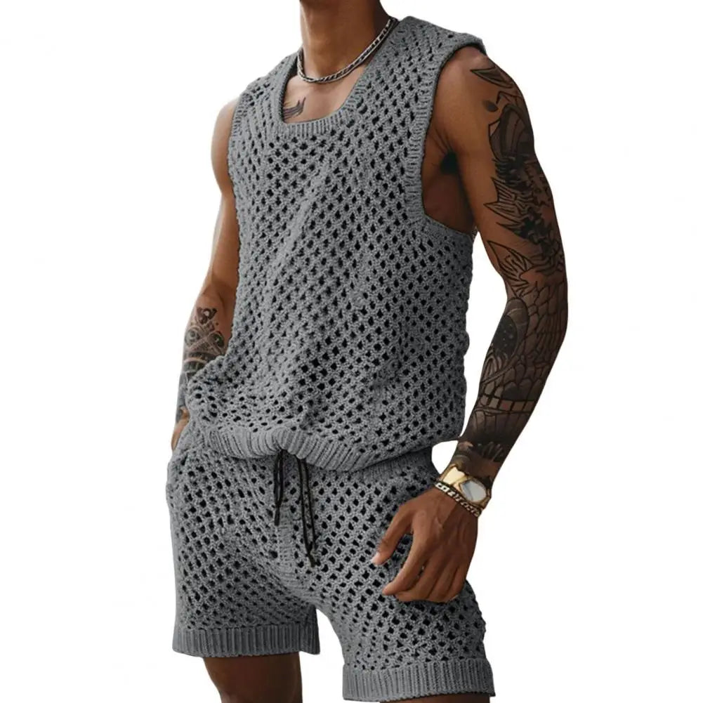 NEW 2PCS Set L(50-70Kg) XL(80-100+Kg) Vest Shorts Set Men's Casual Sleeveless Knit Top Drawstring Shorts Set for Daily Wear Elastic Waist Wide Leg Shorts for Men's