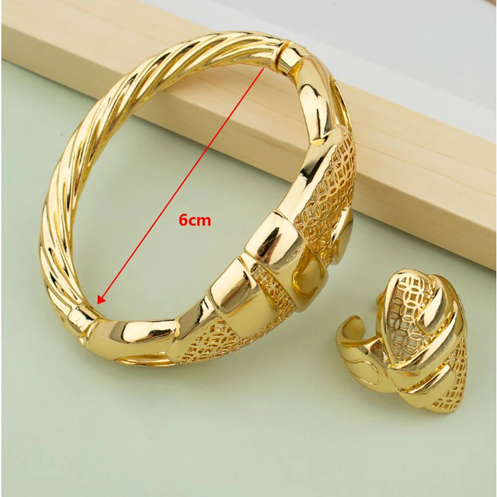 NEW 4PCS Set 18K Gold Plated Silver Cuff Bangle With Ring For Women Bracelet Jewelry Nigerian Wedding Party Gift Dubai Hollow Out Design Bracelet African Ladies Luxury Jewelry Sets