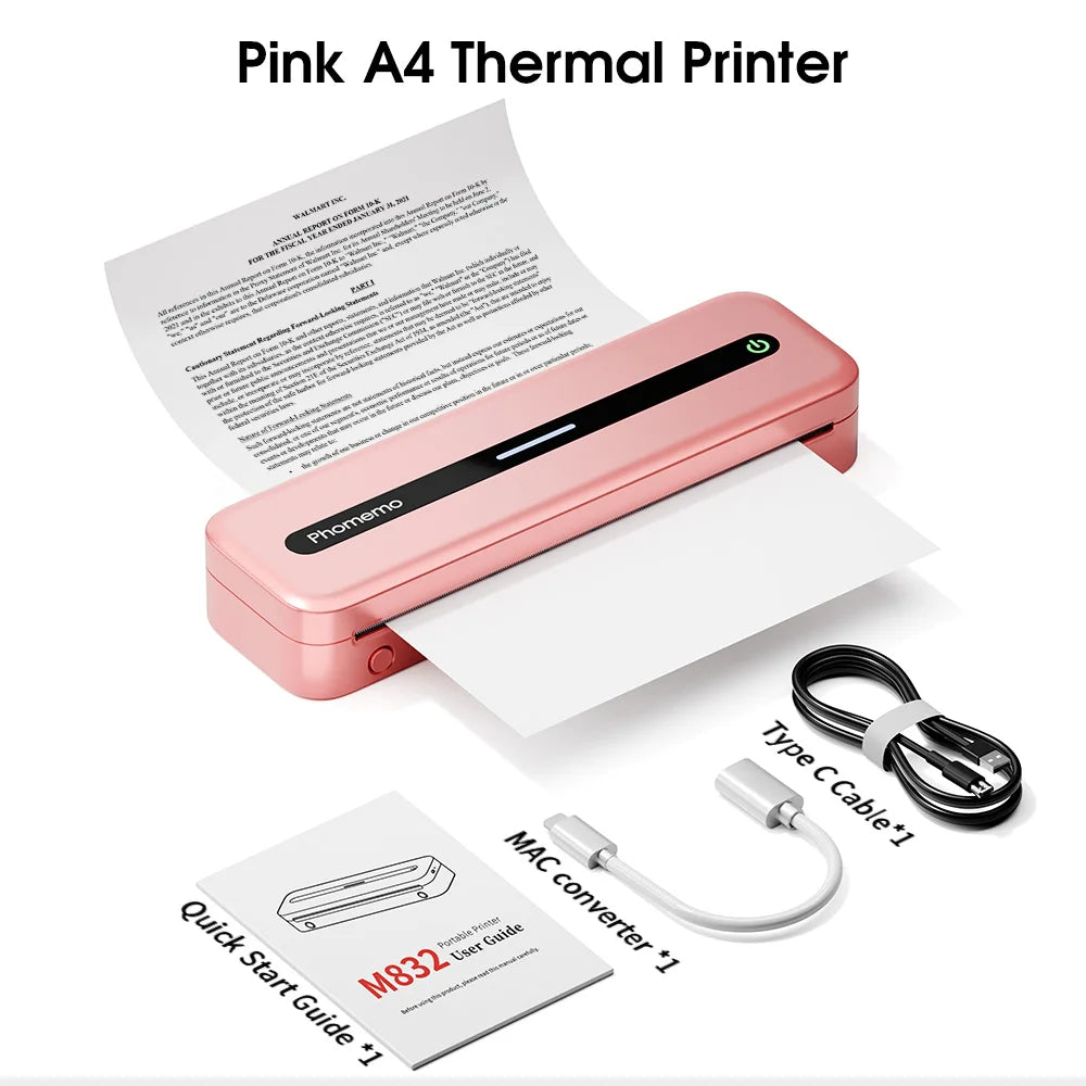 Original PHOMEMO Inkless Printer M832 Portable Printer Wireless Bluetooth Thermal Printer Support Letter A4 5-Size Thermal Paper Mobile Photos Document Office Business Printer