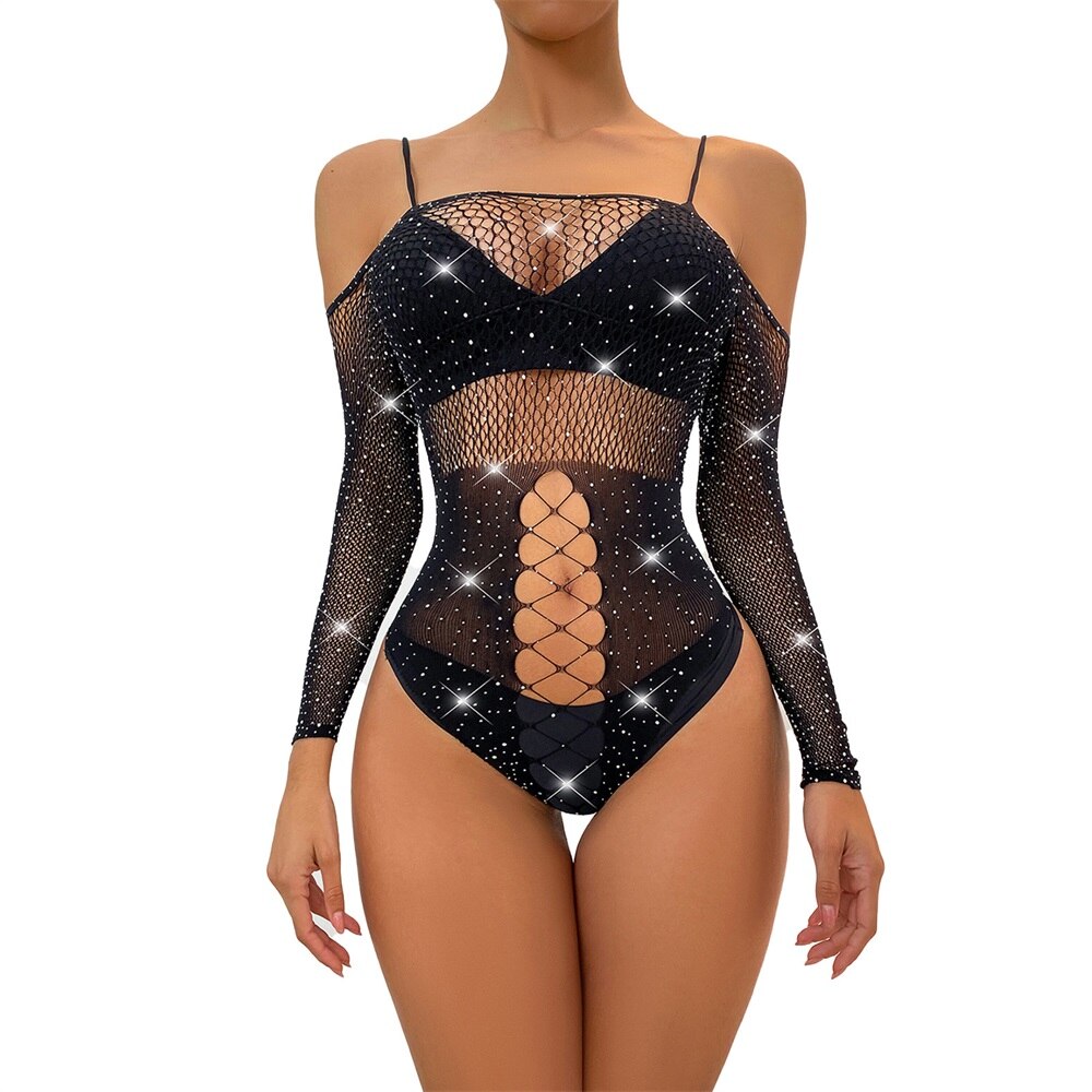 Temptation Teasing Sexy Hot Drill Erotic Lingerie Hollow Deep V Neckline Dress Black Fishnet Tights Nightclub Hot for Adult Use