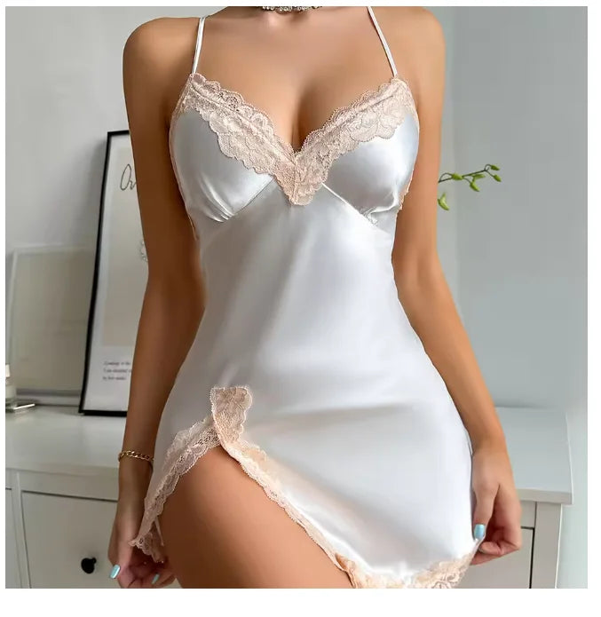 NEW Arrivals S-XL 10 Colors/Patterns Sexy Backless Mini Female Silk Nightgown Lingerie Summer Chemise Sleepwear Suspender Nightdress White Satin Lace Home Wear Loungewear