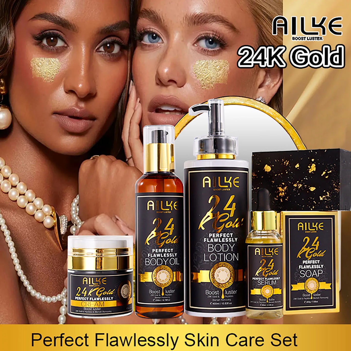 NEW Arrivals AILKE Korean Set 24K Gold Flawlessly Skin Care Range, Skin Whitener, Reduce Dark Spots, Melanin, Wrinkles, Moisturize, For Women & Men Skin Care Supplies