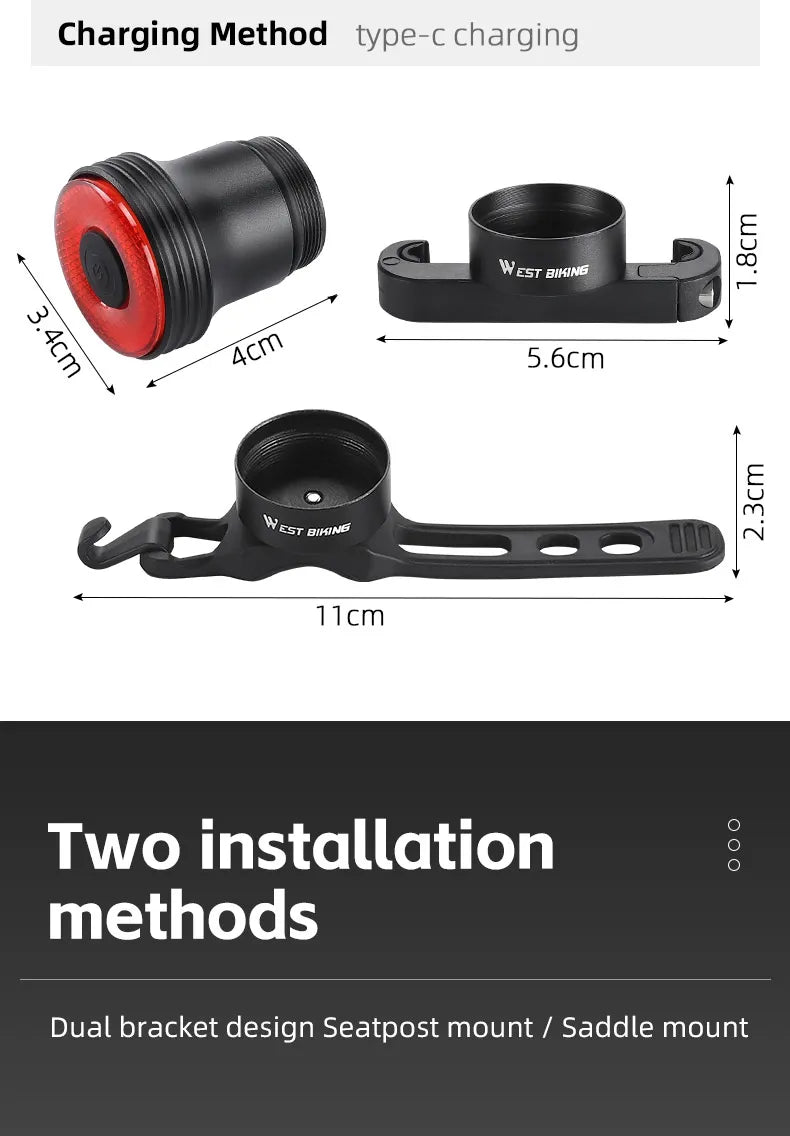 NEW 500mAH Bike Smart Induction Taillight Bright LED Lamp Beads Rear Light MTB Road Bike Waterproof Aluminum Alloy Tail Light Bicycle Lighting Accessories Sports Supplies