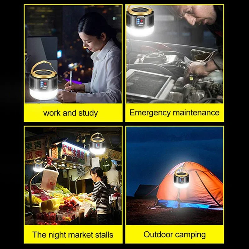 NEW Arrivals Solar LED Camping Light Waterproof Rechargeable Tent Lamp Portable Lanterns Emergency Lights Market Lamp Energy Saving Bulb Camping Accessories