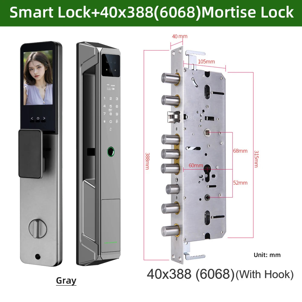 NEW Arrivals P8 TUYA App Wi-Fi Smart Lock, 21 Languages, Remote Video Call Intercom, Face-Palm IC Card Unlock, Black/Gray Anti Theft Top Quality Security System Home Apartments Office Security Supplies