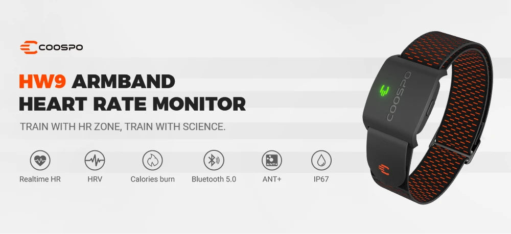 NEW HW9 Armband Heart Rate Monitor with HR Zones/Calories HRM Sensor for Fitness Cycling BLE5.0 ANT+ for Peloton, Zwift, Wahoo Sports Supplies