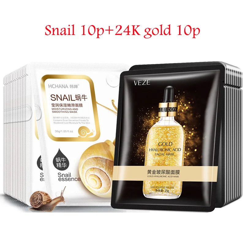 NEW 20PCS Korean Set Snail + 24K Gold + Collagen + Hyaluronic Acid Face Mask Skincare Moisturizing Anti Wrinkle Whitening Facial Masks Face Sheet Mask Korean Skin Care Products