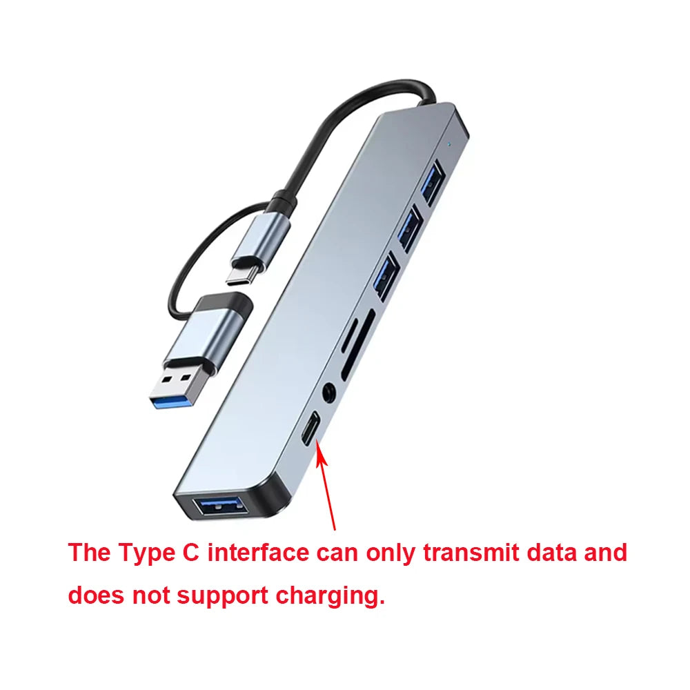 NEW Arrivals 8 in 2 USB +Type C HUB Docking Station with 3.5mm Audio Jack Adapter Micro SD Card Reader Laptop Tablet Phone Disk Converter Computer Accessories Electronic Supplies