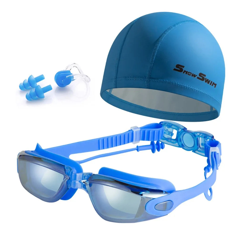 NEW 4 PCS Set Anti-Fog Adult Myopia/ Transparent/ Electroplated Professional Swimming Goggles Set with Nose Clip, and Ear Plugs Adjustable Silicone Swim Cap Waterproof Ultralight