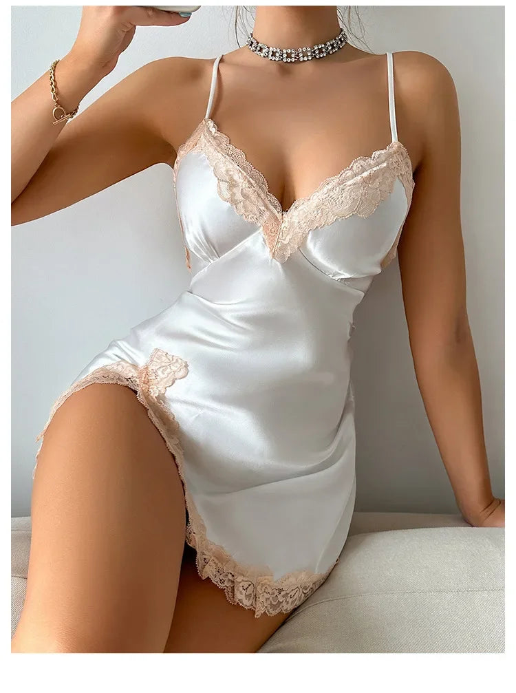 NEW Arrivals S-XL 10 Colors/Patterns Sexy Backless Mini Female Silk Nightgown Lingerie Summer Chemise Sleepwear Suspender Nightdress White Satin Lace Home Wear Loungewear