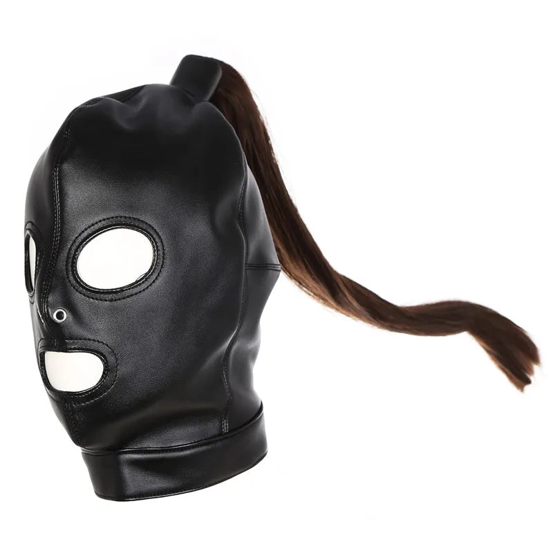 Women Men Black Leather Mask Rubber Hood With Braid Wigs Cosplay Costumes Headgear Club stage Customized Handmade