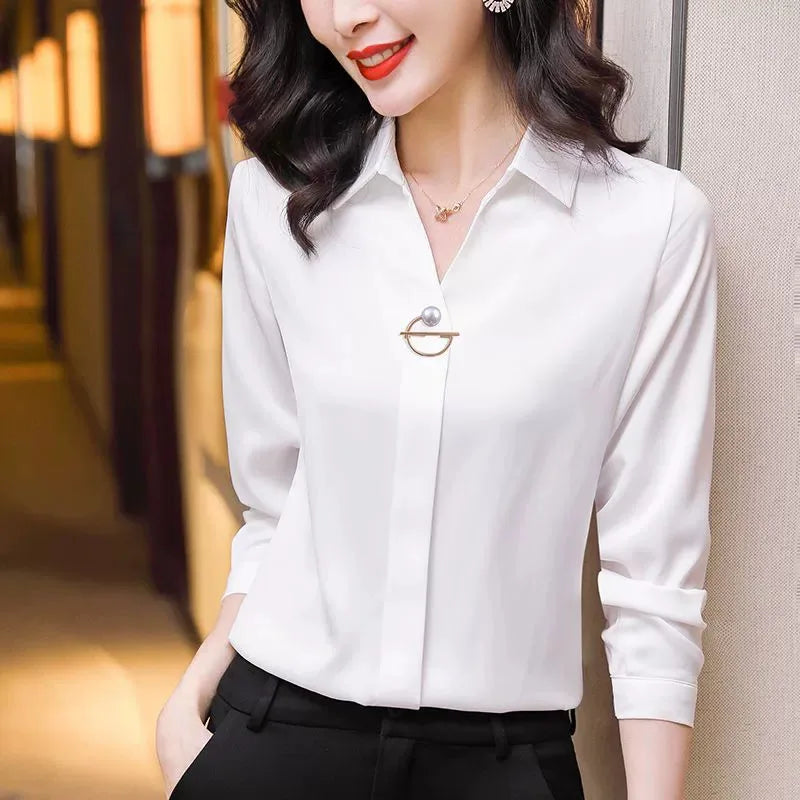NEW Arrivals S-2XL UK Size White/Dark Green Color Elegant Women Chiffon Blouse New Temperament Turndown Collar Office Lady Shirt Streetwear Casual Solid Color Tops Clothing