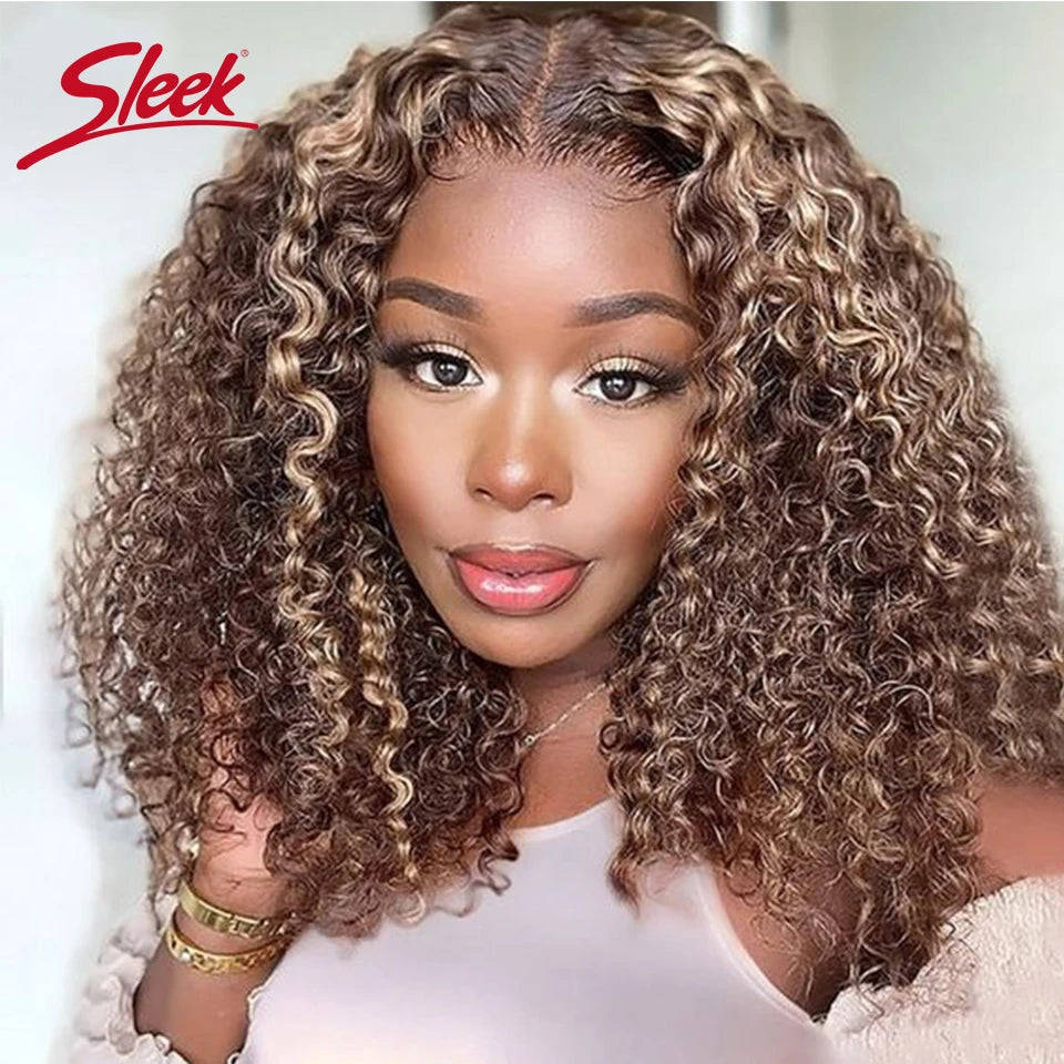 NEW Original Brazilian Sleek T1b/30 Afro Kinky Curly Human Hair Bob Wigs Brazilian Highlight P4/27 Remy Hair With Bang 250% Density Brown 6# Human Natural Hair