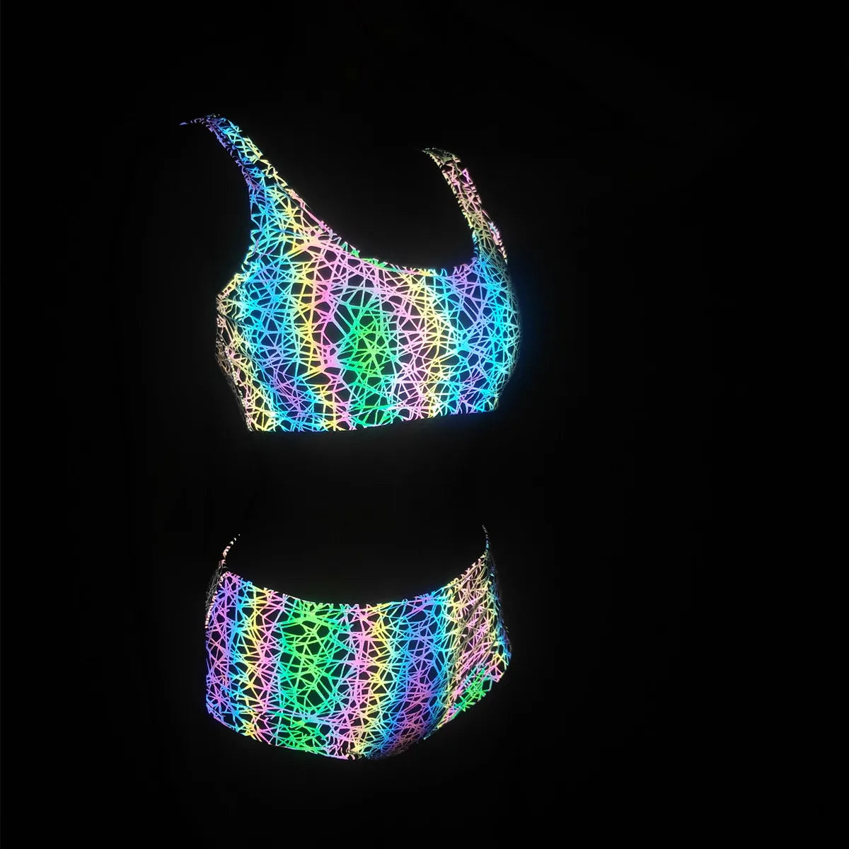 NEW Arrivals PCS Set S-2XL Harajuku Japanese Colorful Reflective Bikinis Women Summer Tech Wear Reflect Light Shorts & Bra Harajuku Swimwear Sexy Tankini Beach Outfits Clothing