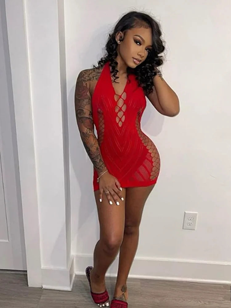 NEW S-2XL UK Size 7 Colors Transparent Lace Sexy Hot Short Dress Backless Hollow Halter Nightgown Sexy Women's Nightwear Nightdress Party Club Mini Dresses