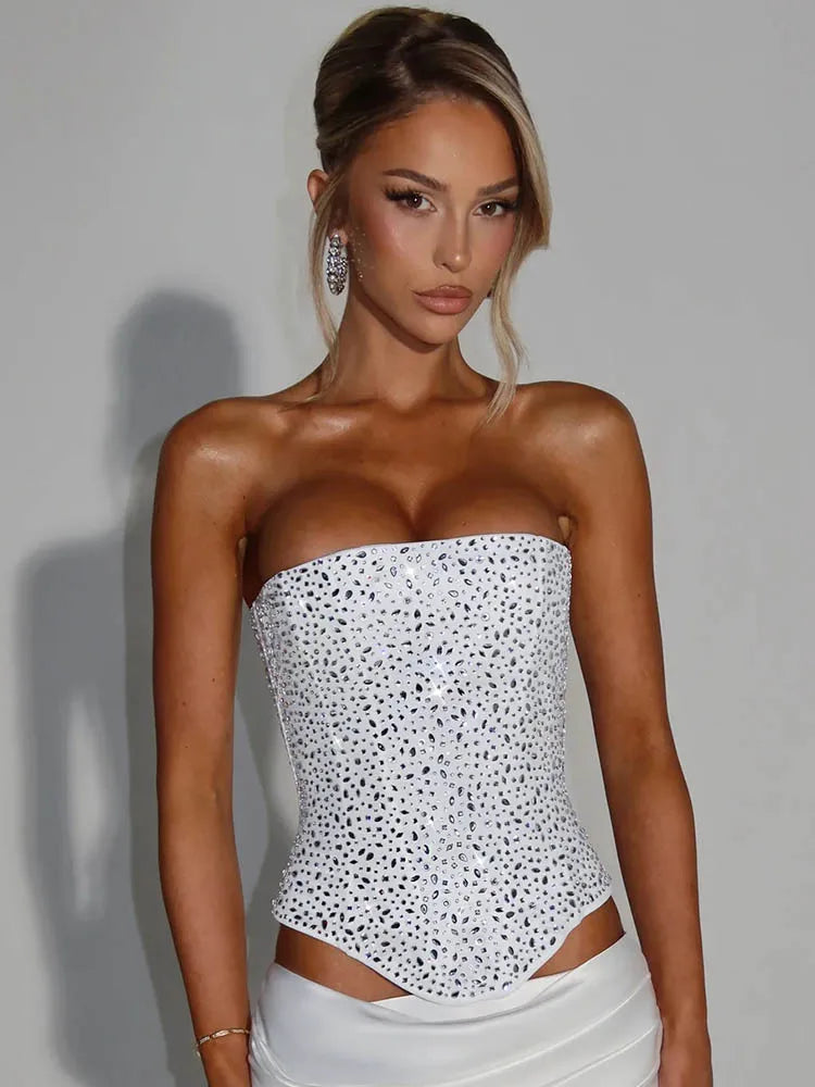 NEW White/Black Color UK Size Sequins Sexy Dress Set Women Sparkle Scarf Collar Crop Tops And Maxi Skirt Elegant Club Party Satin Skirt Matching Set Ladies Sexy Fashion Clothing Supplies