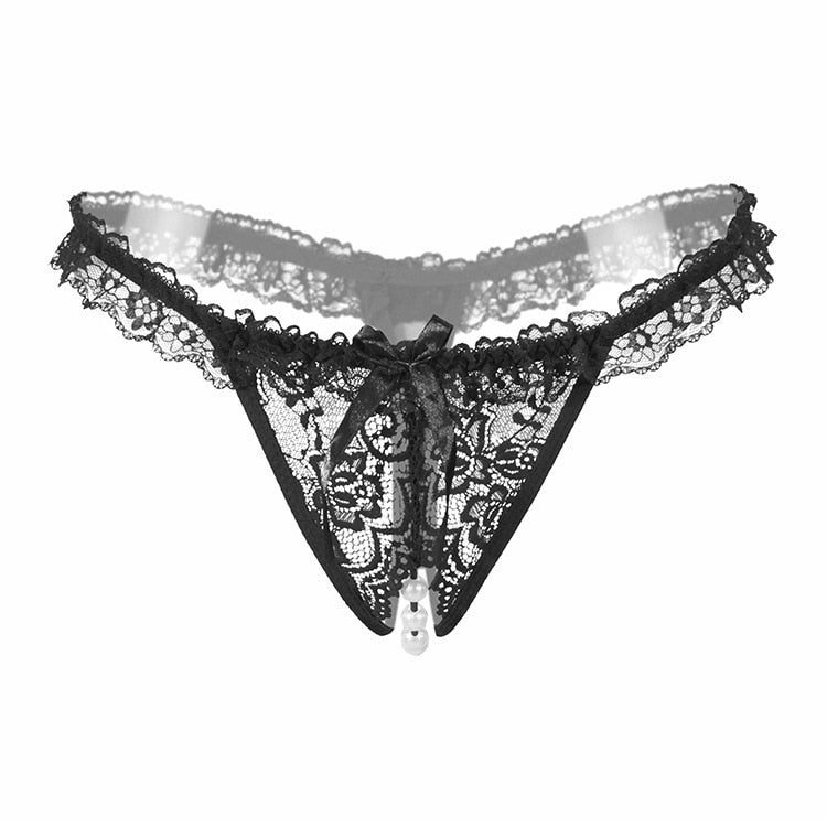 Pearl Massage Sexy Thong Hot Lace Embroidery Transparent Panties Women Sexy Lingerie Low Waist Hollowed Out T-back Femme Tangas