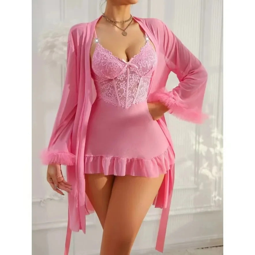New Arrivals 2PCS Set 4 Colors Sexy Lace Mesh See-Through Nightgown Set Home Clothes Pure Desire Passionate Hot Invitation Home Clothes Set Ladies Sexy Nightdress Suit