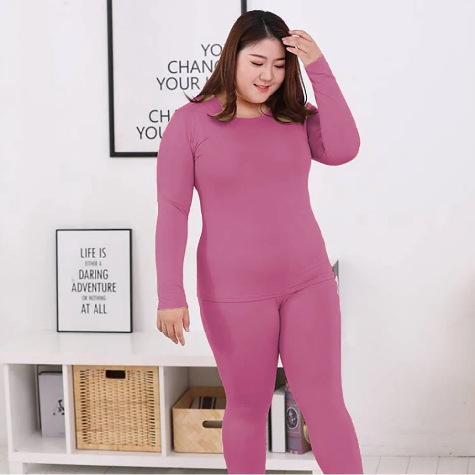 XL-6XL Plus Size Thermal Set Curvy Women Long Johns Set Solid Warm Thermal Underwear Thermal Long Sleeve Pants Pajamas Set Winter Home Clothes