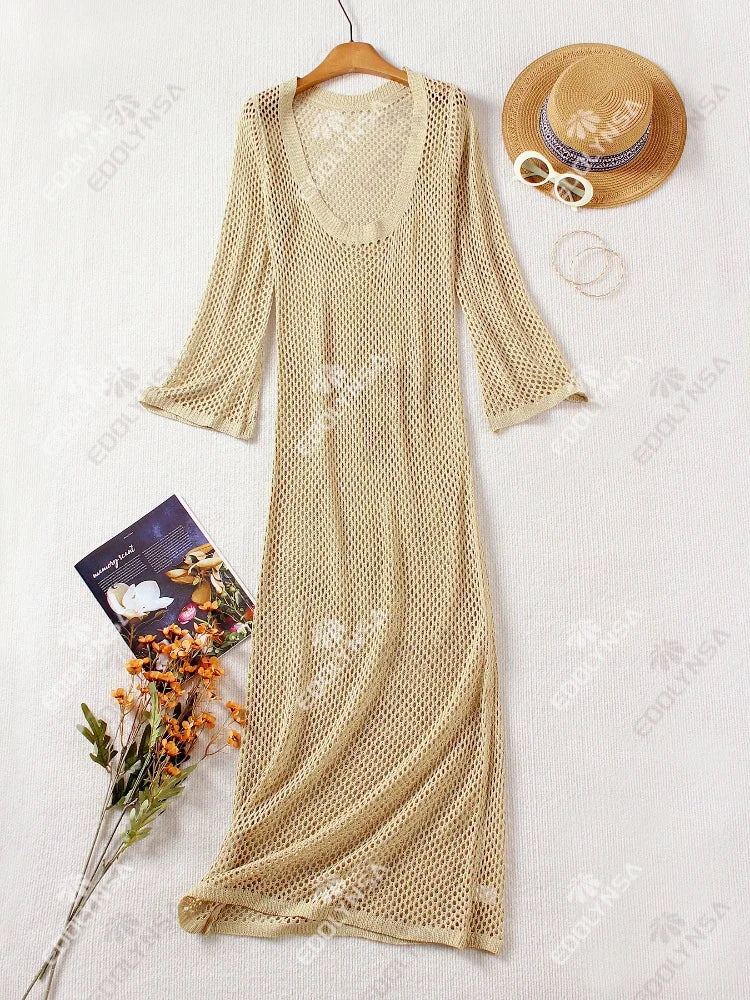 NEW Arrivals UK Size 7 Colors Sexy U-Neck Bell Sleeve Knit Handmade Maxi Dress Summer Women Swimwear Feminine Bikinis Cover-Ups Holiday Crochet Beach Ladies Outfit K21