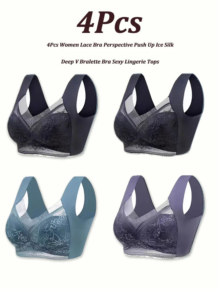 NEW Arrivals 4PCS Set L(45-50KG) -5XL(100KG) Set Women Lace Bra Perspective Push Up Ice Silk Deep V Bralette Bra Sexy Lingerie Tops Plus Size Cup Mom's Underwear