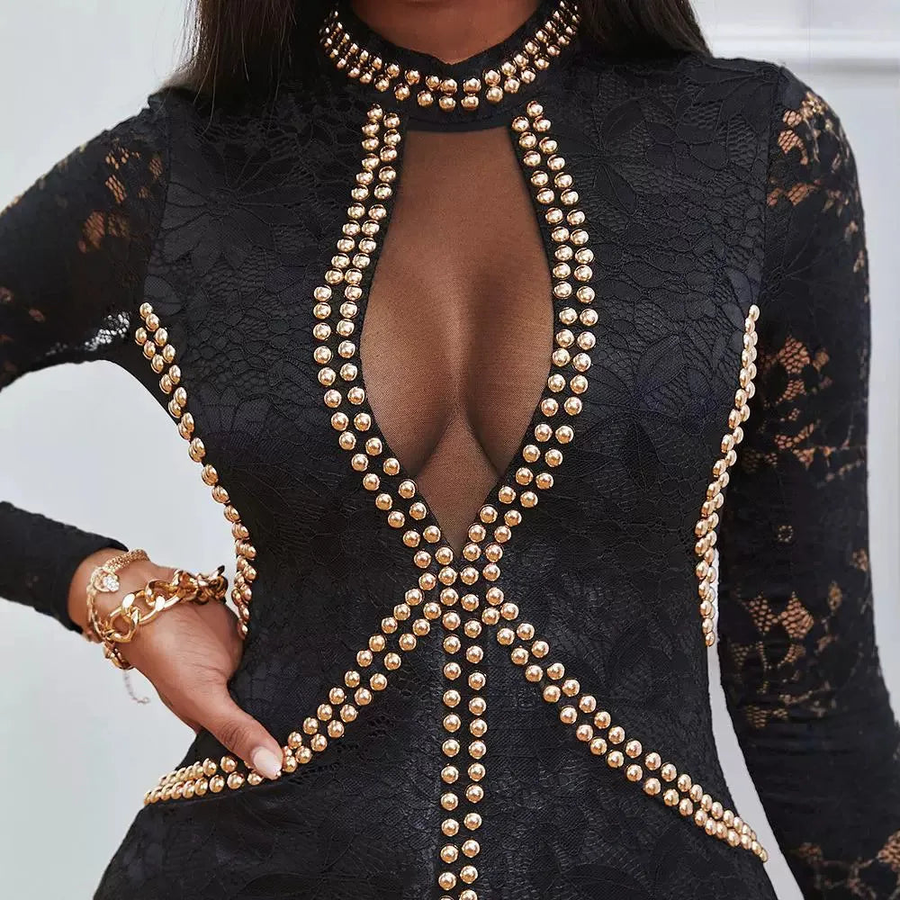 NEW Arrivals Women's Sexy Dress Spring Summer Evening Beach Nightclub Party Latest V-Shaped Collar Hot Diamond Mesh Lace Splicing Mini Dress Long Sleeve Girls Ladies Sexy Fashion Apparel Products