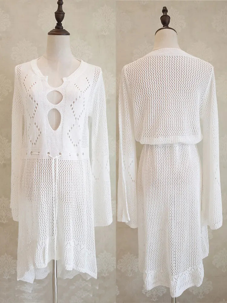 Summer Women Beachwear Sexy White Crochet Tunic Beach Wrap Dress Woman Swimwear Swimsuit Cover-ups Bikini Cover Up Q719