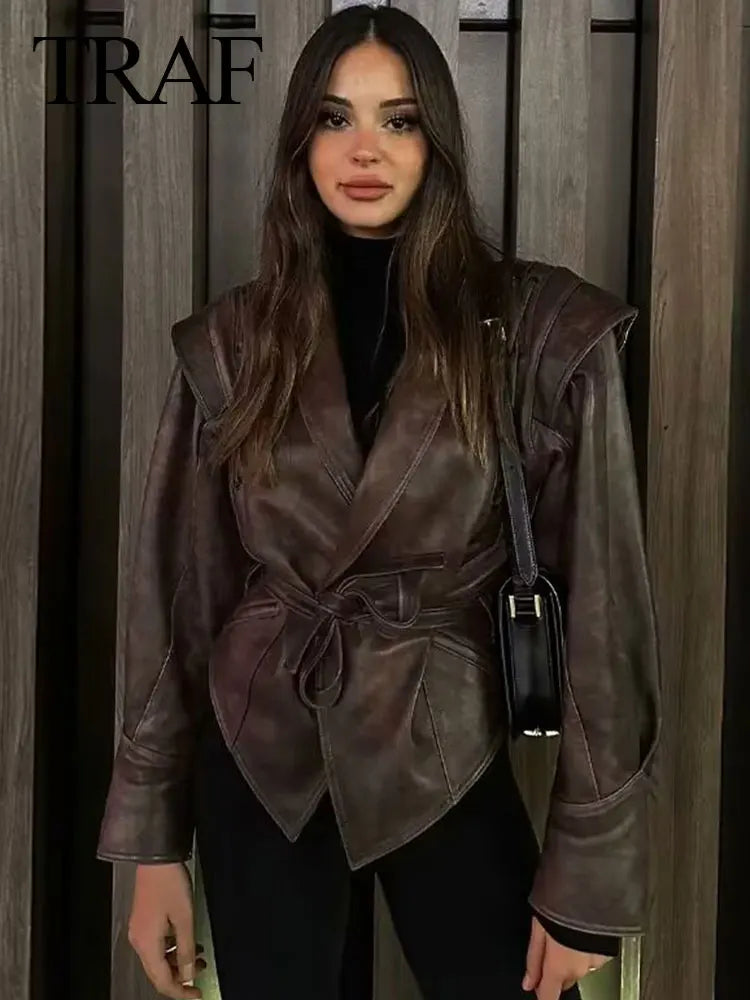 Female Street Leather Jacket Spring Women's Versatile Brown Long Sleeves V-neck Single Breasted Lace-up Causal Coats