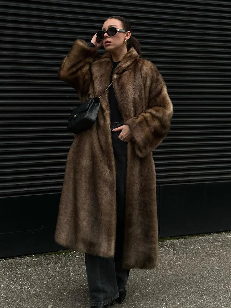 NEW HOT SALE Italian Style Luxury Women Ladies Dark Brown Faux Fur Long Overcoat Snow Clothes Supplies Lapel Single Breasted Loose Fluffy Plush Warm Coat Winter Thicken Outerwear Female Luxury Fashion Clothing Products
