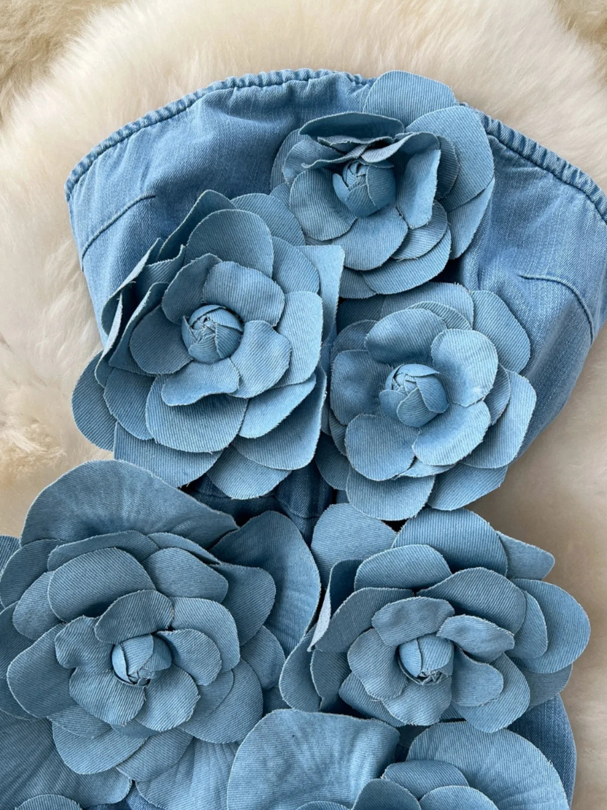 NEW Arrivals S-2XL UK Plus Size Elegant 3D Flower Rose Short Party Dresses Women Summer Holiday Sleeveless Strapless Corset Blue Denim Jeans Dress Mini Dress