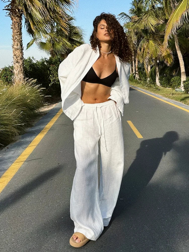 NEW Arrivals 12 Colors/Patterns UK Size Women Casual Cotton Linen Shirt Pants Suit Fashion Single Breasted Blouses Elastic Waist Pant Set Spring Summer Loose Outfit