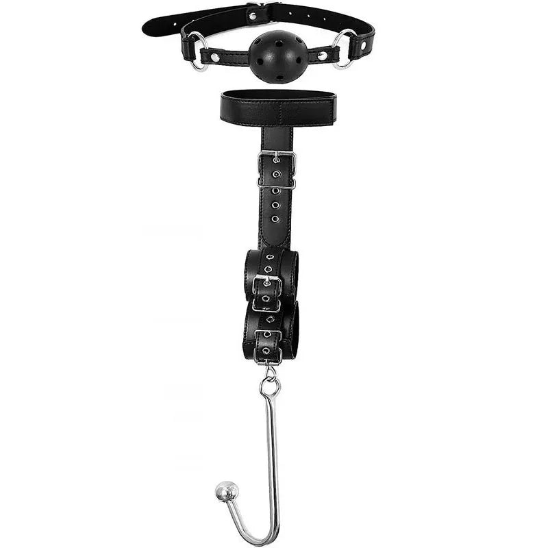 Sex Bondage Collar with Anal Hook Ball Gag BDSM Neck to Wrist Soft Bondage Restraints Kit Anal Ball Fetish Couples Sex Game Tool