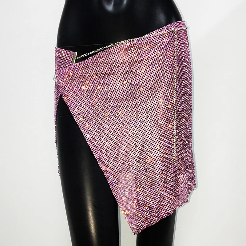 NEW Arrivals 6 Colors Glitter Rhinestone Metal Chain Mini Sexy Skirt For Women Sexy Side Slit See Through Party Skirt Rave Festival Outfits
