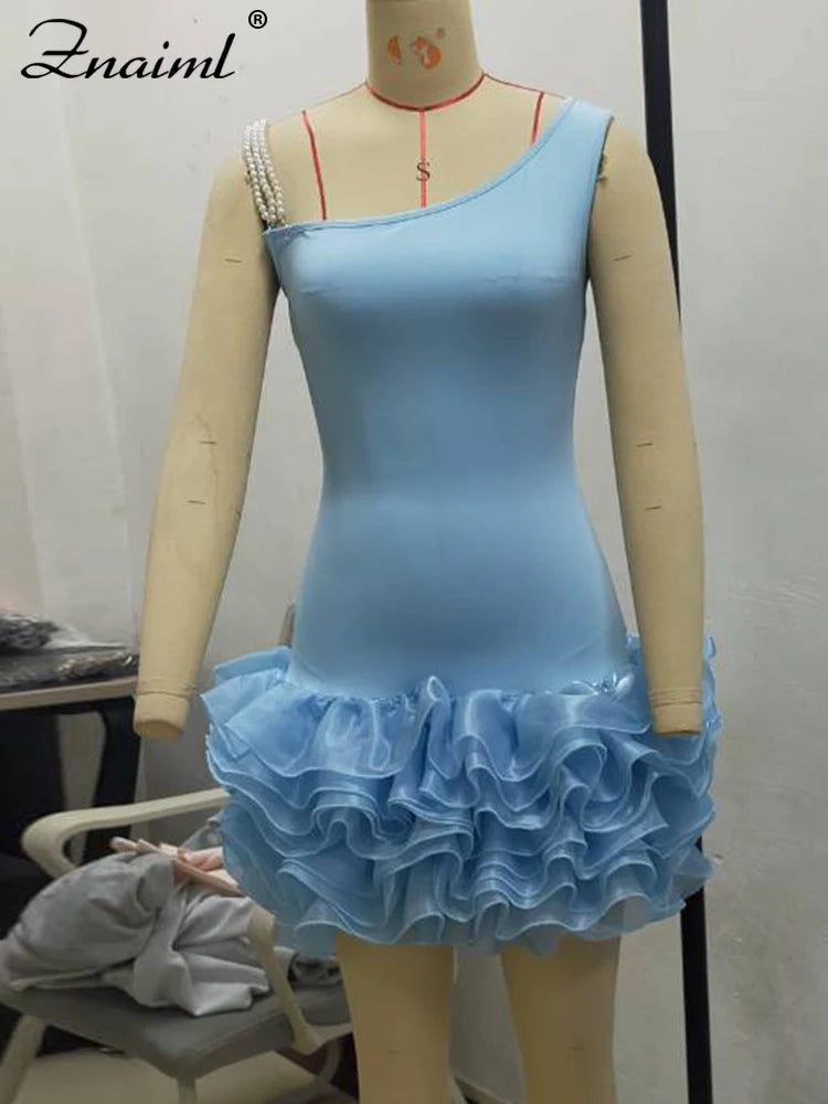 NEW Arrivals S(8)-3XL(20-22) UK PLUS Size Pink/Blue/White/Red Luxury Chubby Women Blue Stretchy Mini Dresses With Pearls Ruffles Trimmed Bottom Sexy Sheath Short Wedding Guest Evening Birthday Party Gowns